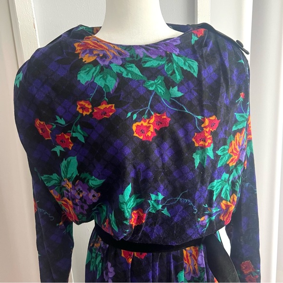 Vintage Alison J Purple Green Floral Diamond Print Belted Maxi Dress Womens XL - Picture 3 of 6